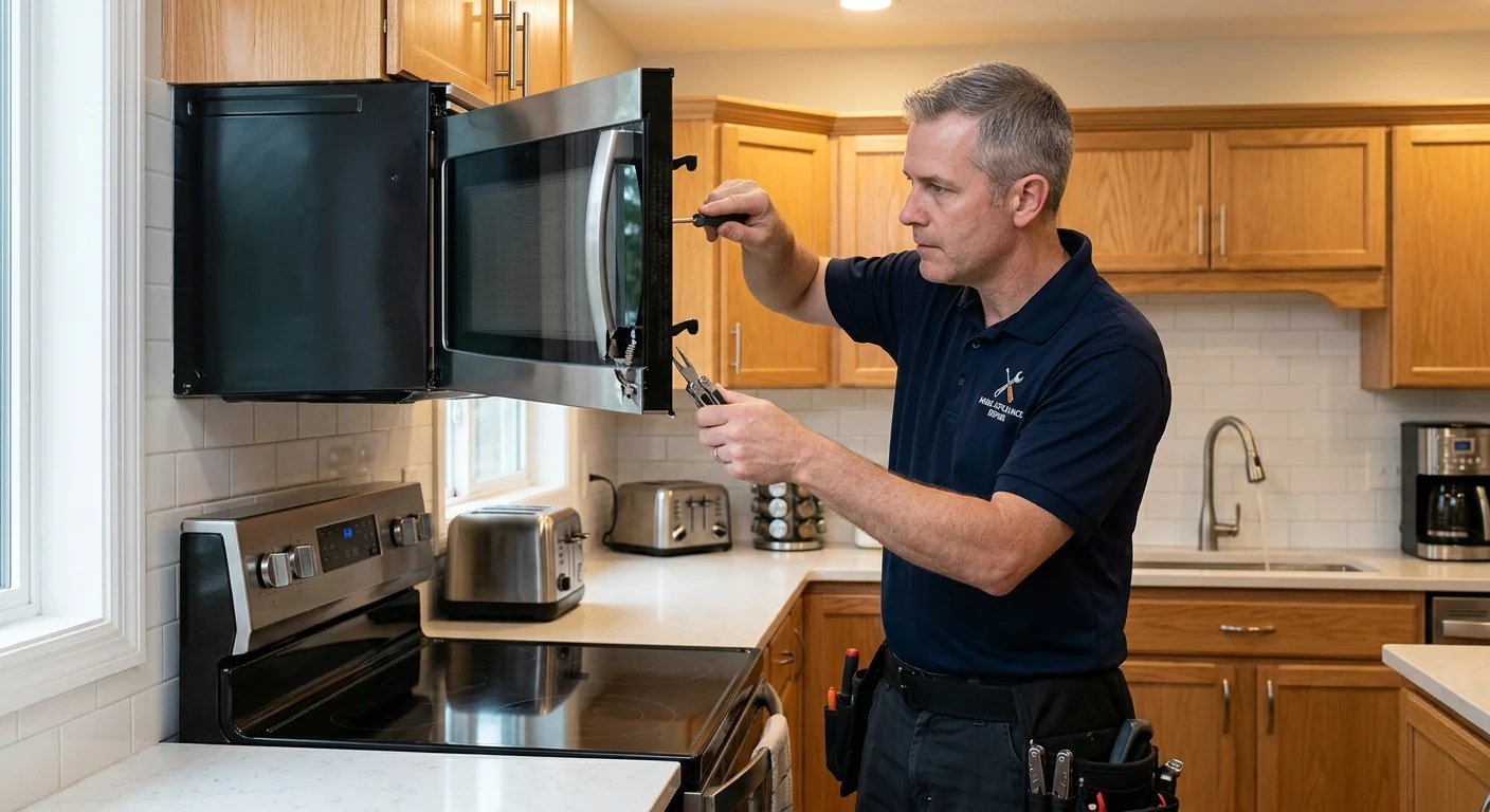 An independent appliance technician inspecting a microwave door that won't close