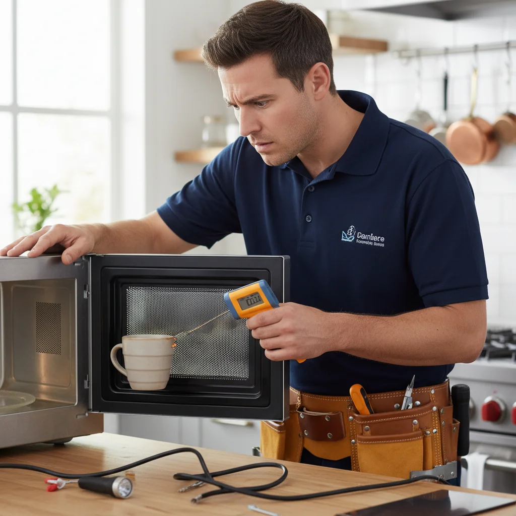 A person looking into an open microwave with a mug of water inside, looking puzzled.