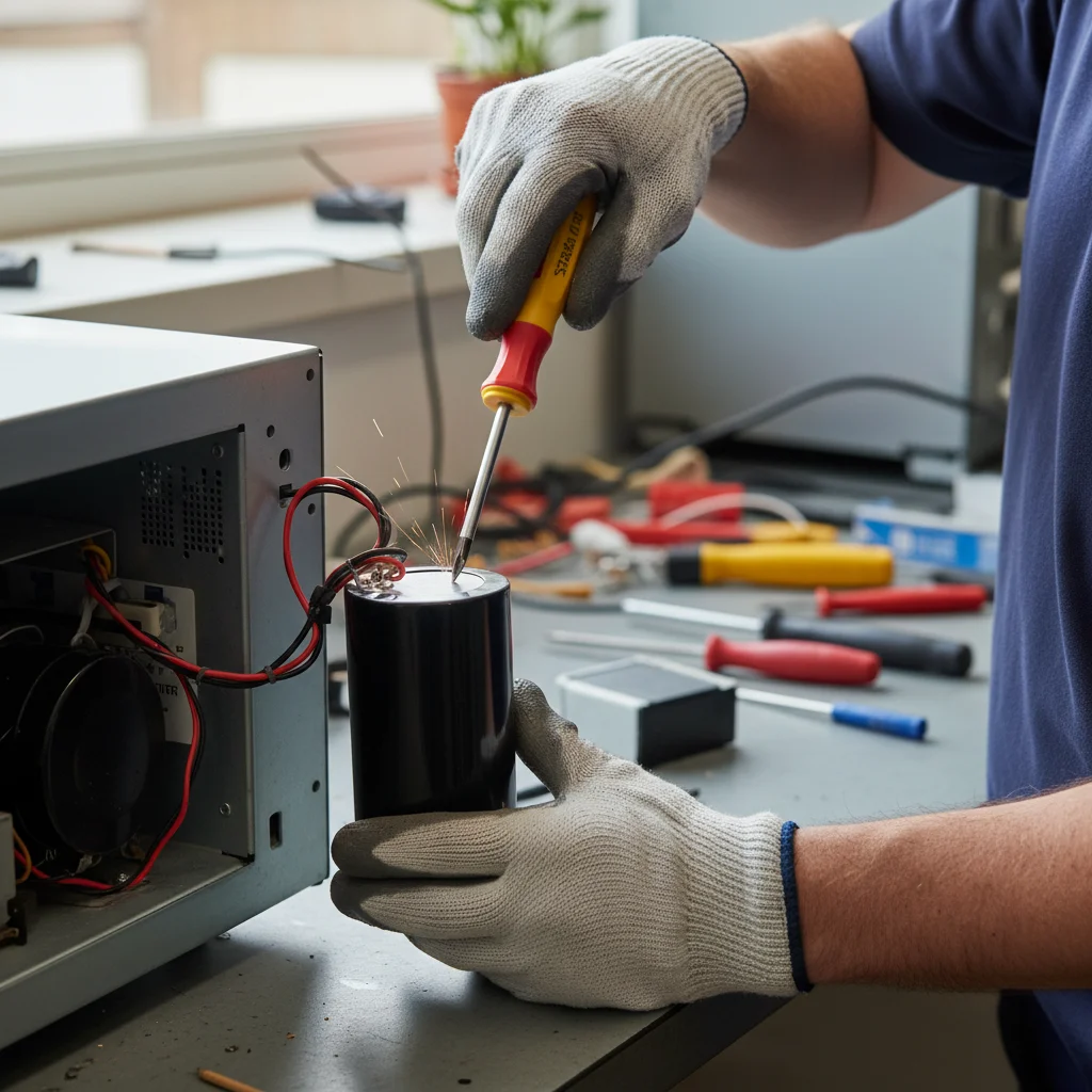 Technician's hands safely discharging a microwave capacitor with an insulated screwdriver.