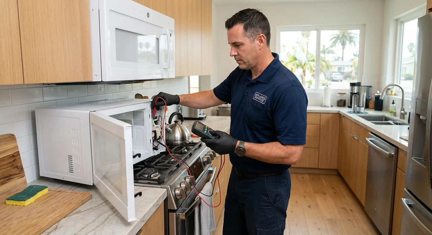 A technician carefully testing an over-the-range microwave in a modern San Diego kitchen, wearing safety gloves.