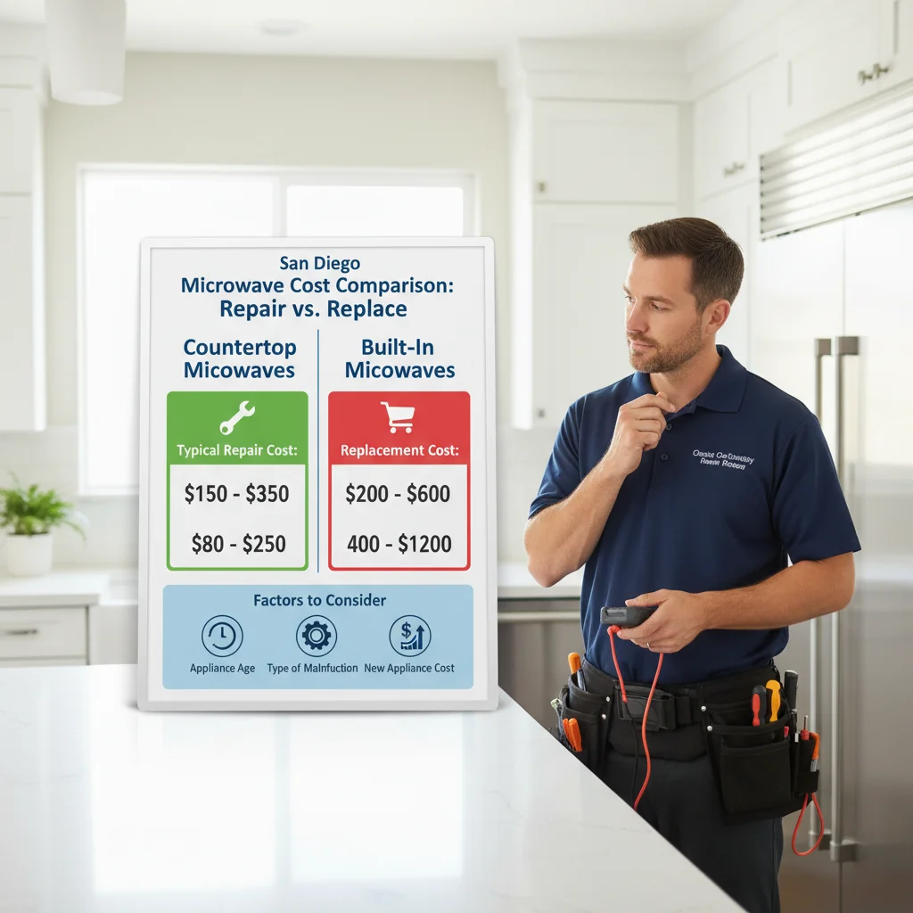 Infographic comparing typical San Diego microwave repair costs versus new unit replacement costs for countertop and built-in models, highlighting factors influencing the decision.