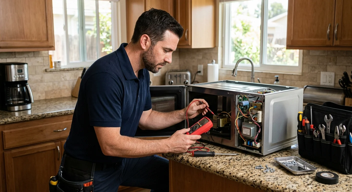Technician examining a microwave that will not start