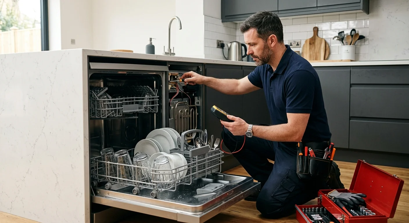 An independent technician inspecting a dishwasher with wet dishes