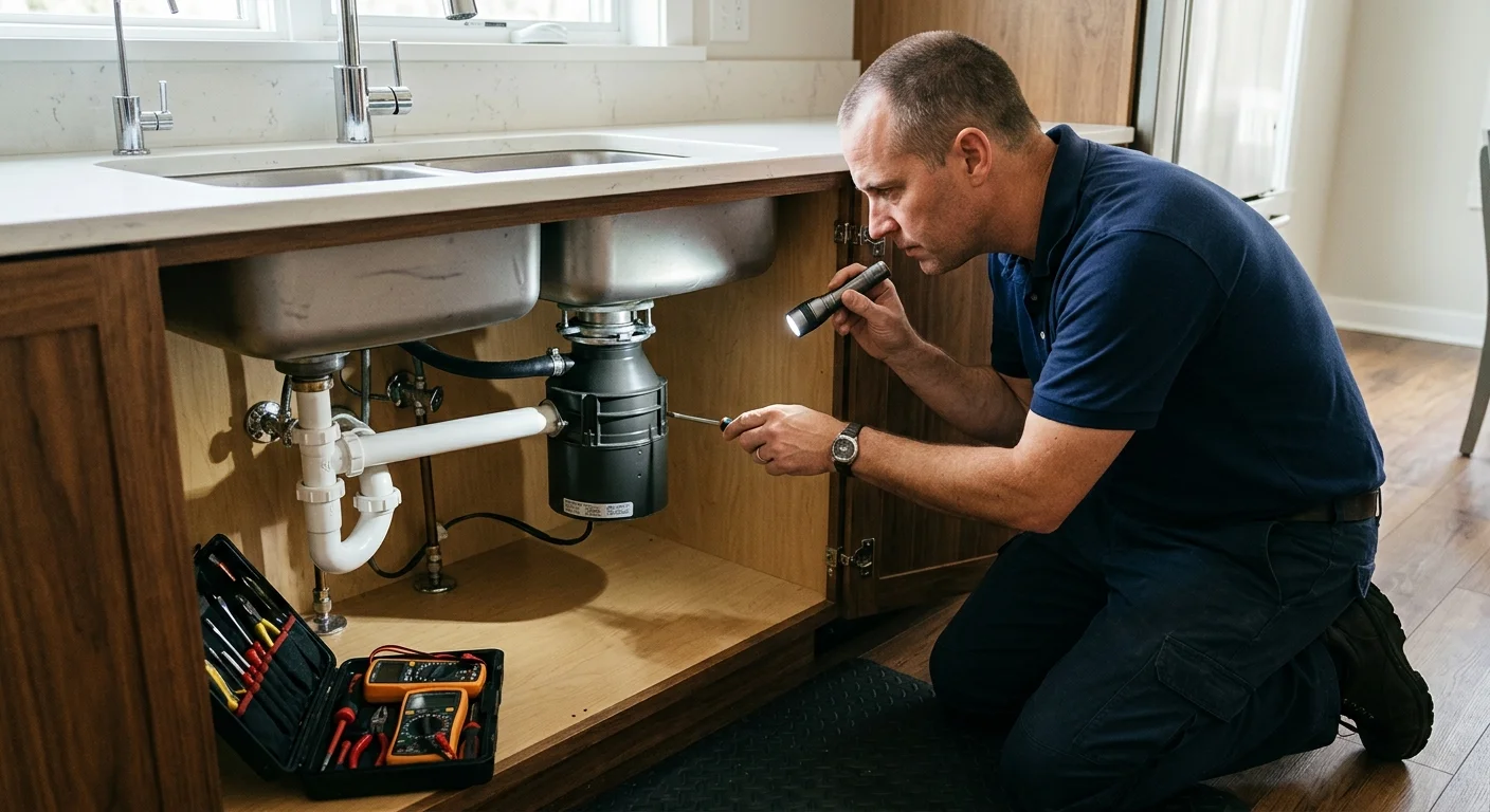 Independent appliance professional inspecting a garbage disposal beneath a kitchen sink