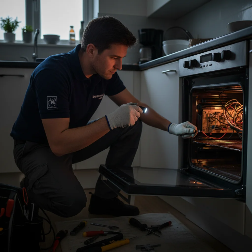 A person inspects a dimly glowing electric oven heating element with a flashlight.