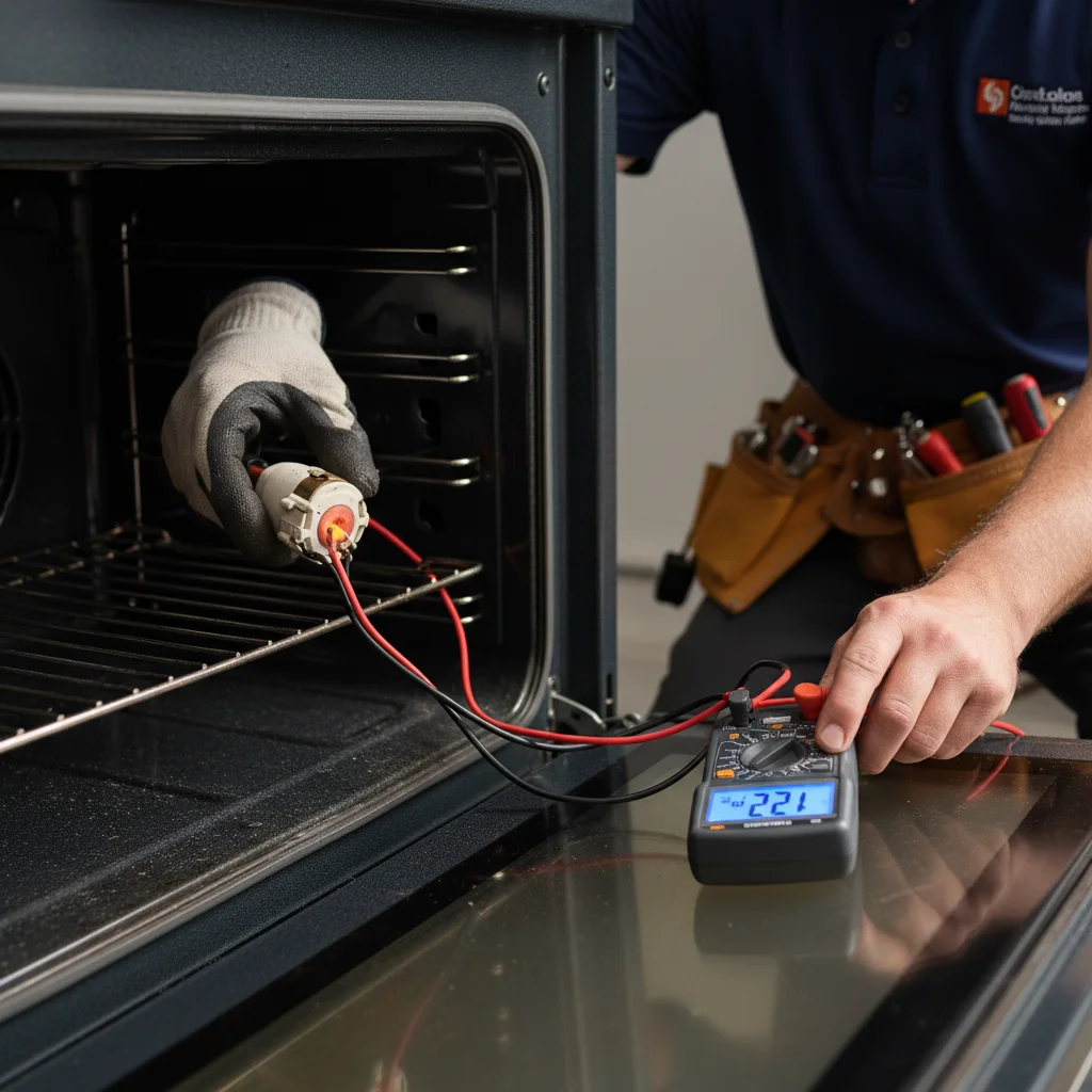 A multimeter measures the output of a glowing gas oven igniter inside a dark oven.
