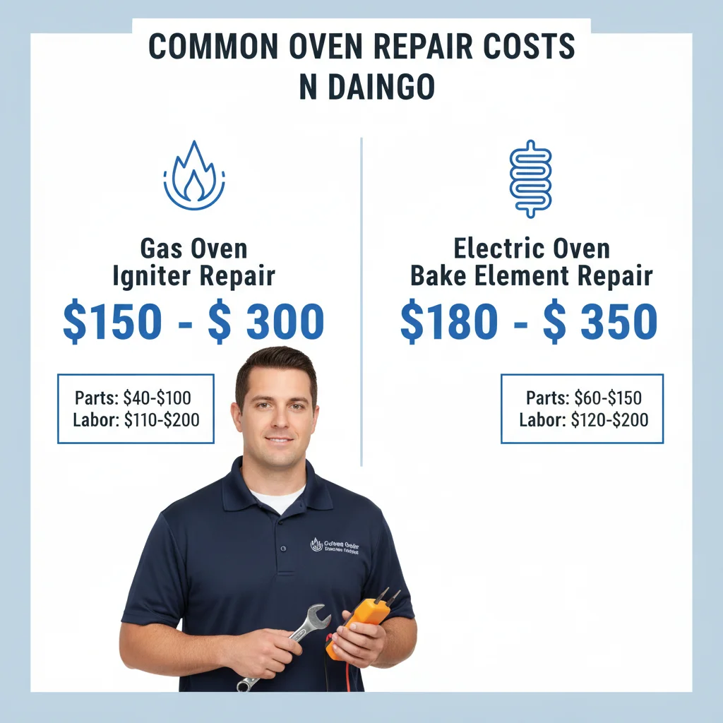 An infographic comparing the typical repair costs for a gas oven igniter and an electric oven bake element in San Diego.