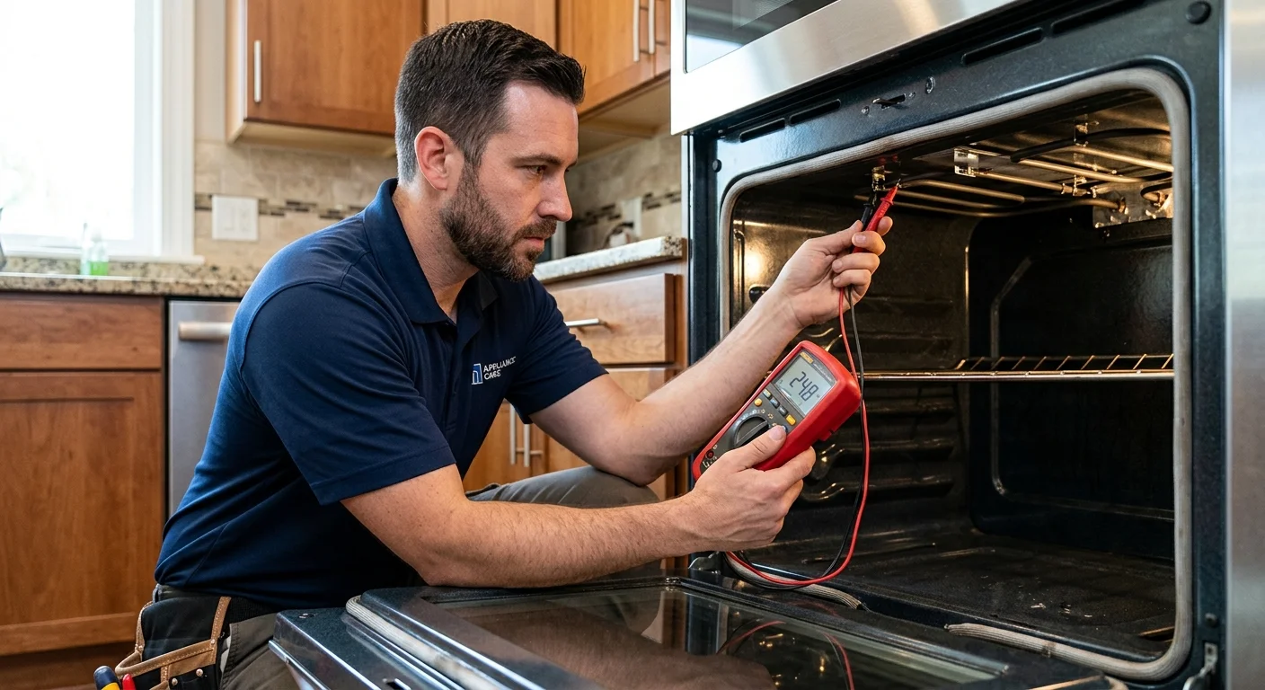 A repair technician using a multimeter to test the heating element inside a wall oven, with a professional and focused expression.