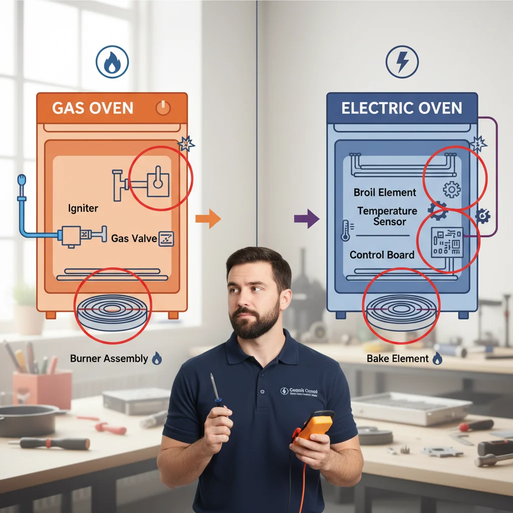 Infographic comparing key components and common issues in gas vs. electric ovens.