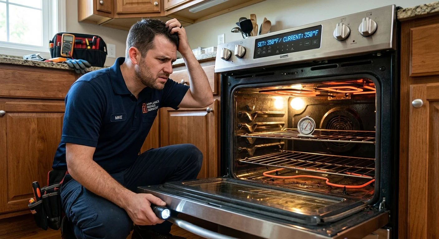 A person looking at an oven thermometer placed inside their oven, comparing its reading to the oven's display, looking confused.
