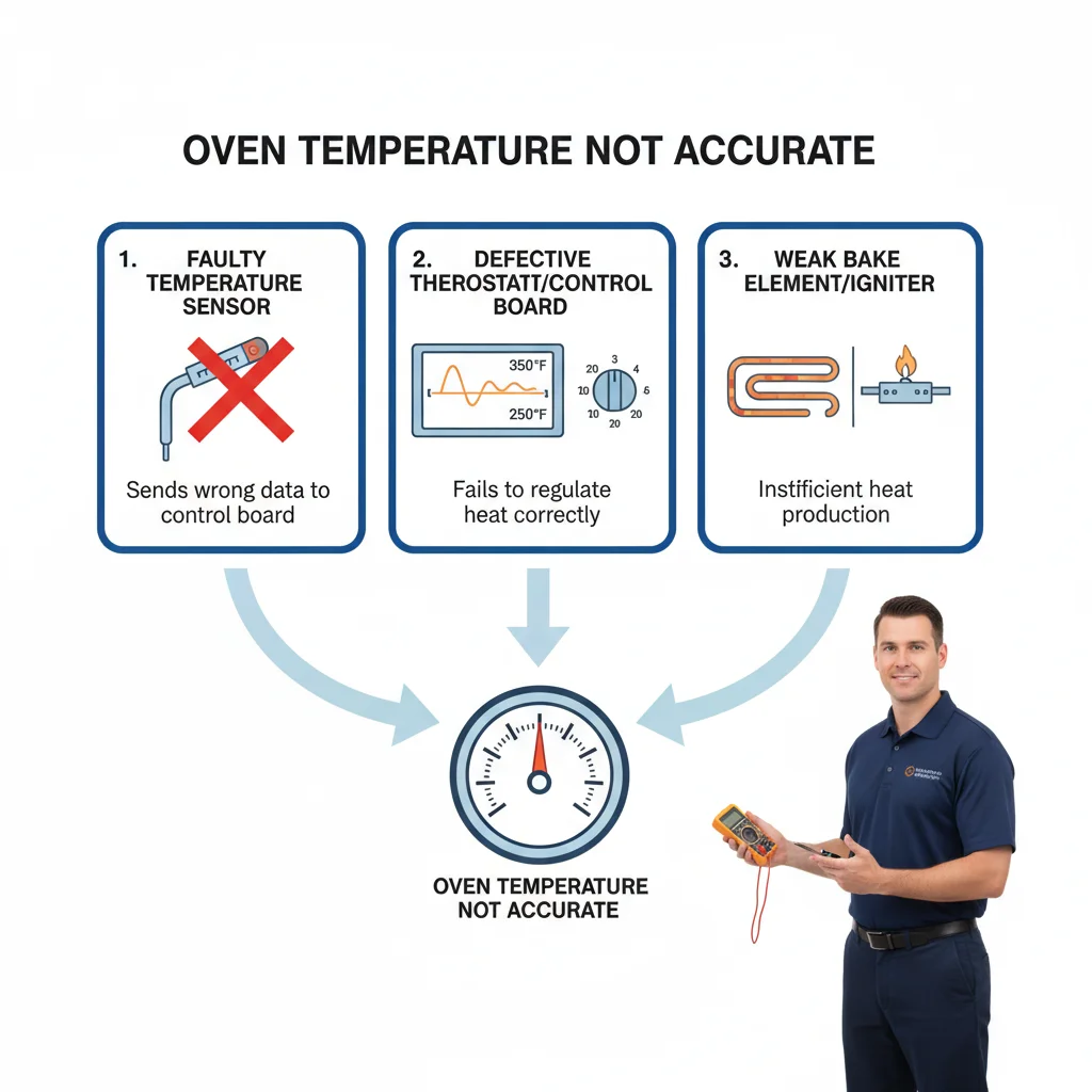 Infographic detailing common causes of inaccurate oven temperatures, including faulty sensors, thermostats, and igniters/bake elements.