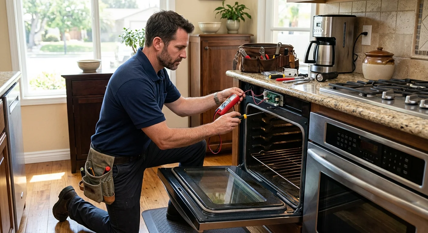 Independent technician inspecting a cold oven in an Escondido kitchen