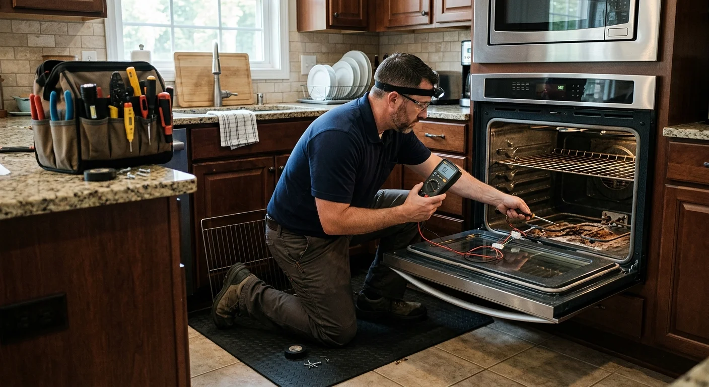 Technician examining an oven in a Spring Valley kitchen
