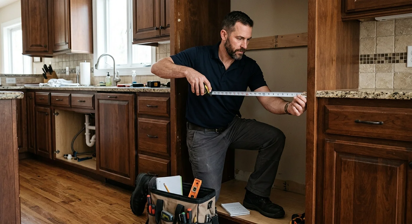 Independent installer measuring a cabinet opening for a panel-ready refrigerator