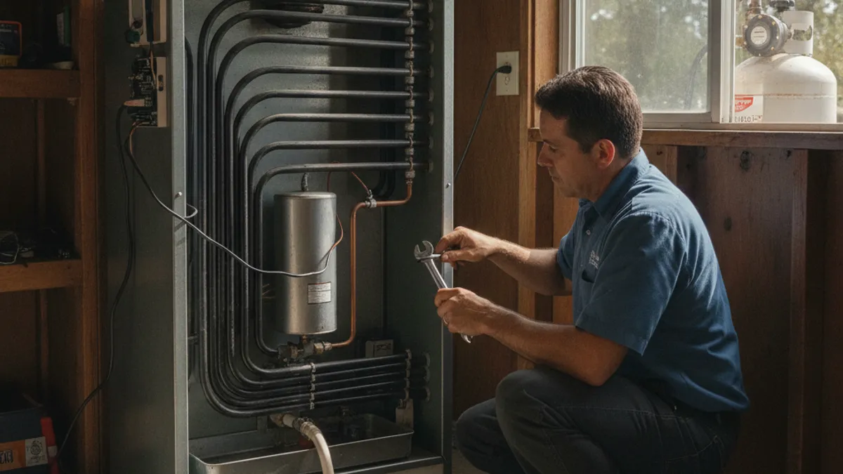 The rear cooling unit and burner assembly of a propane absorption refrigerator in a rural San Diego County home