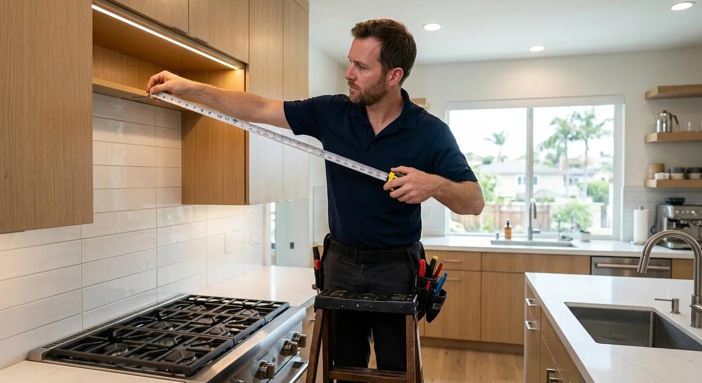 An independent installer measuring above a cooktop in a San Diego kitchen