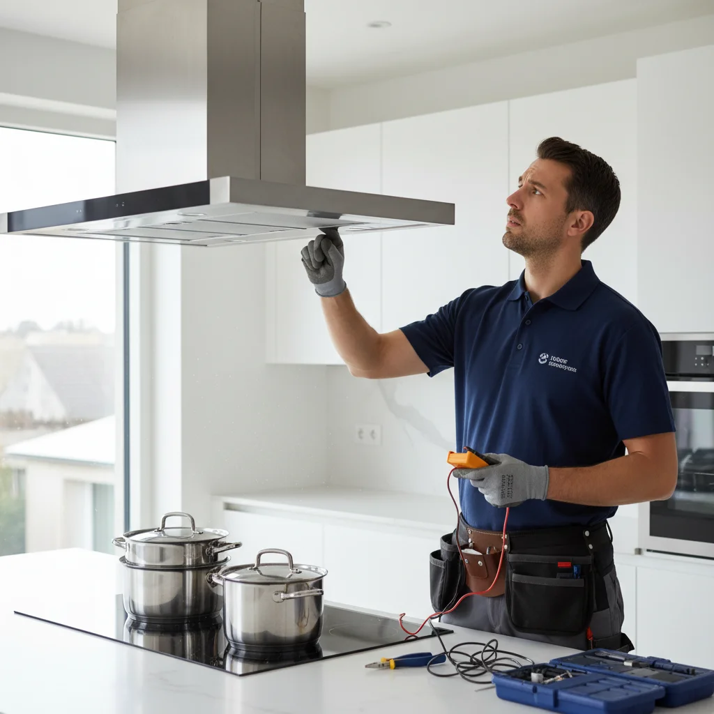 A person looking up at a non-functional stainless steel range hood in a modern kitchen, hand on the control buttons.