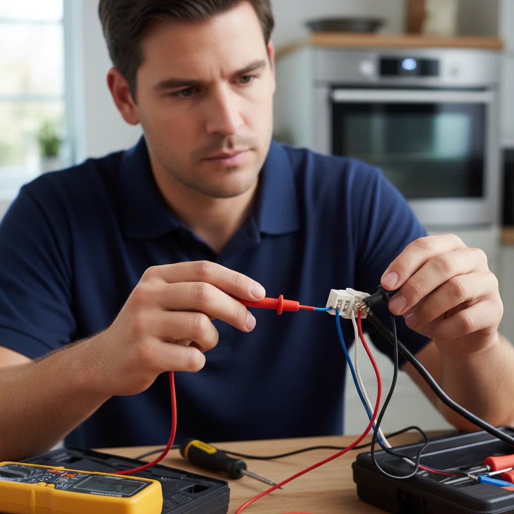 A close-up of a technician testing the wiring on a range hood control switch with a multimeter.