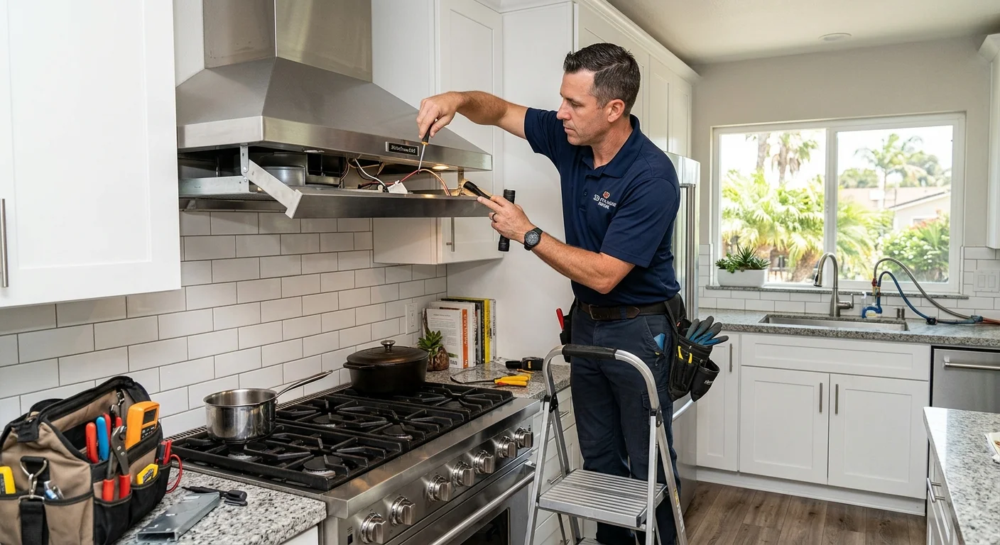A technician on a small step ladder, carefully working on a stainless steel range hood above a stove in a San Diego kitchen.