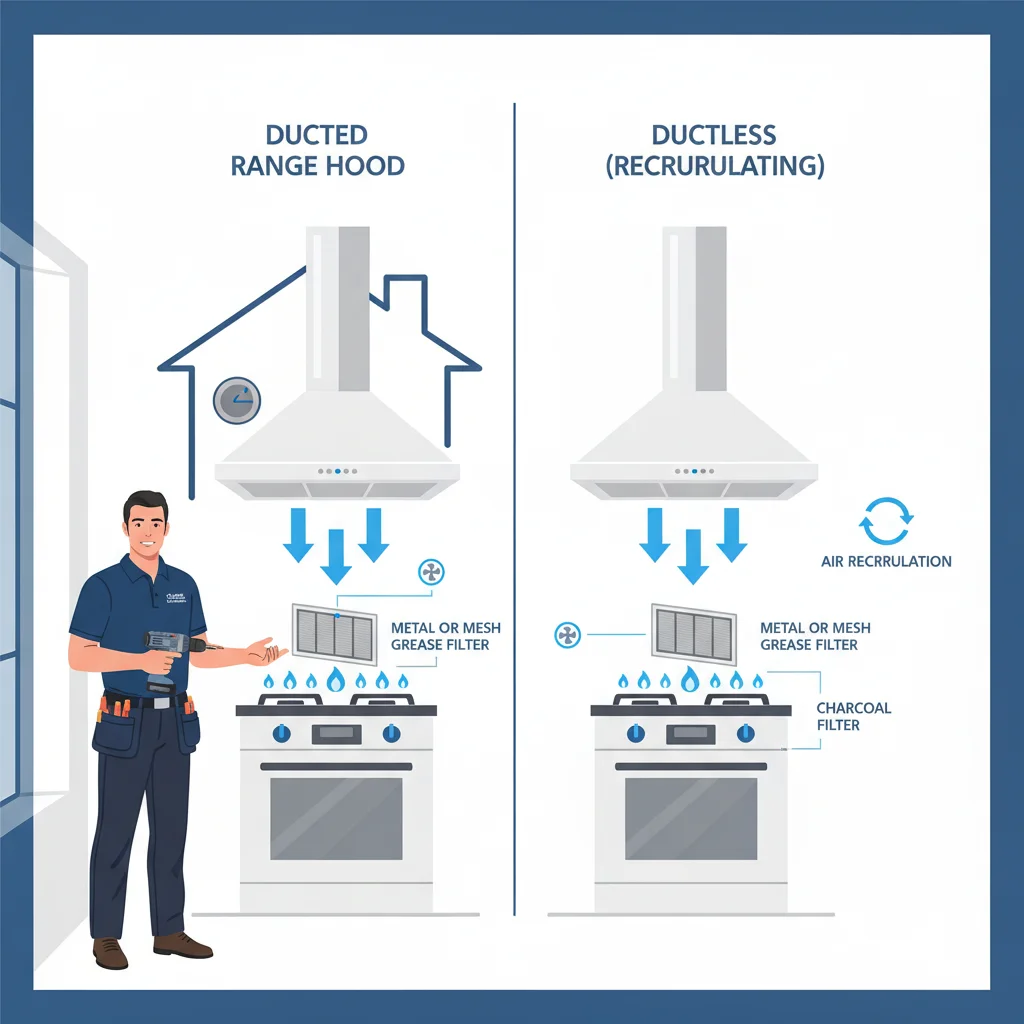 Diagram comparing ducted and ductless range hood systems, showing airflow and filter types.