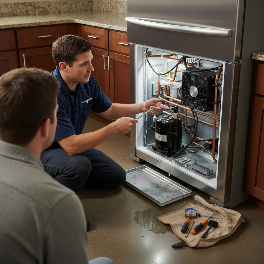 A technician explains a refrigerator compressor issue to a concerned homeowner in their San Diego kitchen.