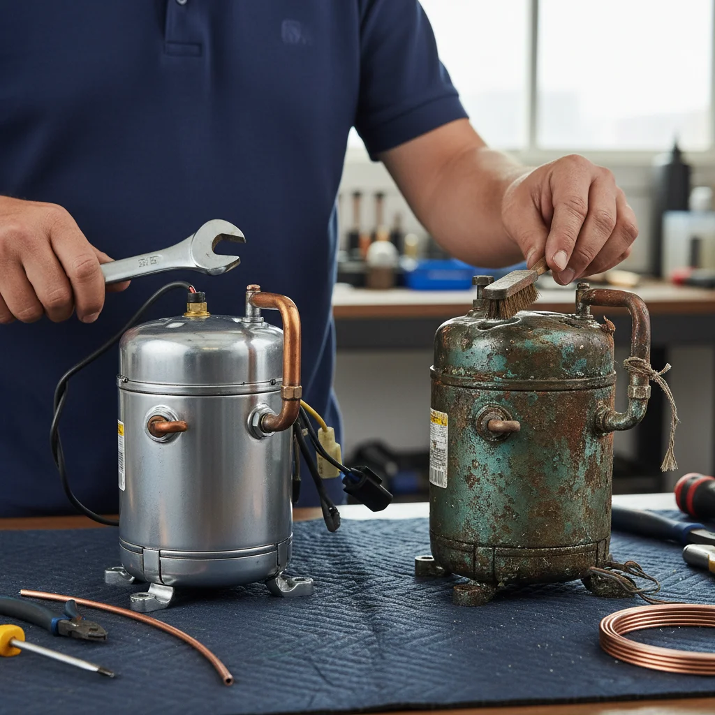 A new, clean refrigerator compressor sits next to an old, rusty one on a technician's mat.