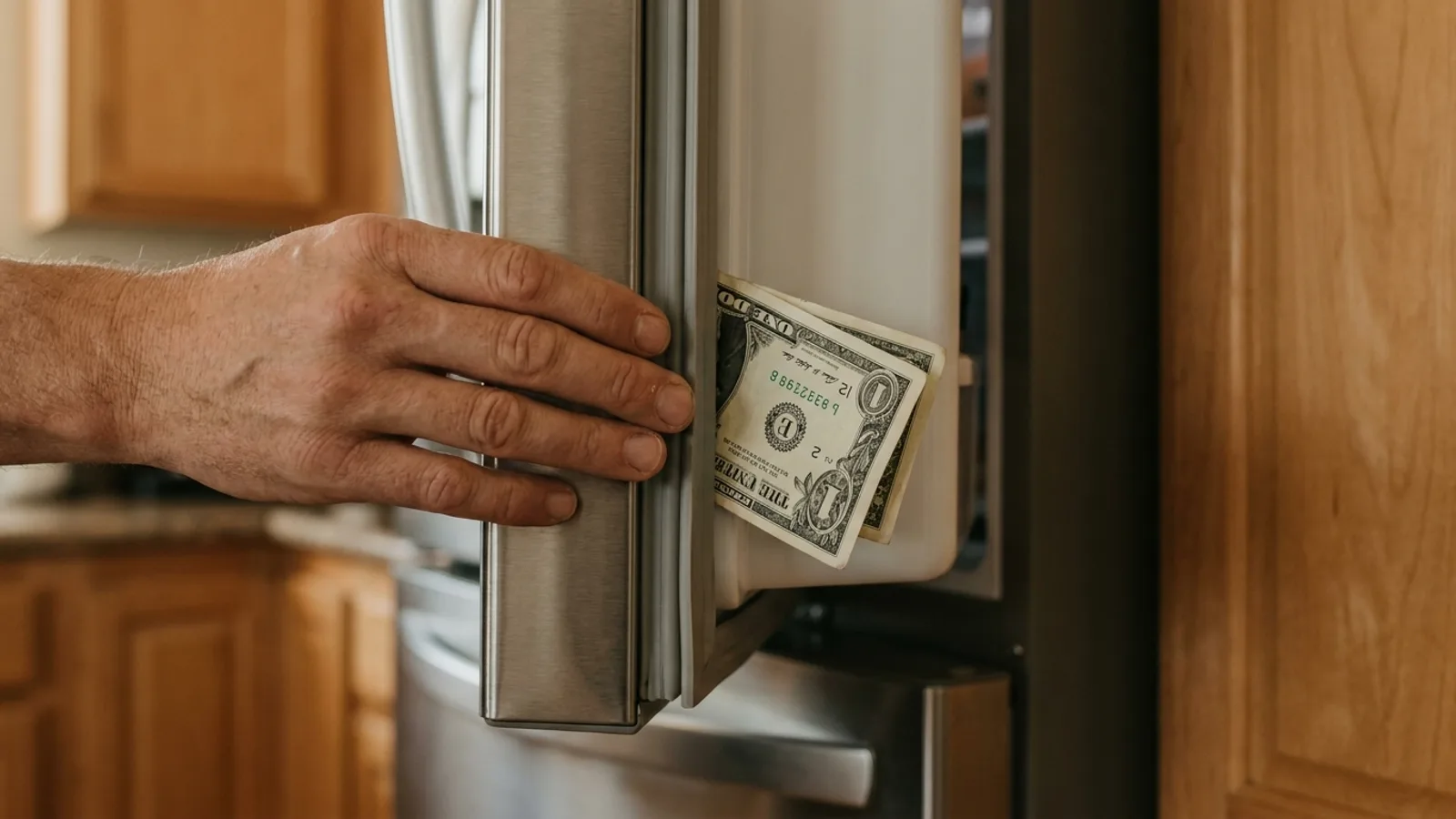 A hand holding a dollar bill closed in a refrigerator door to test the seal.