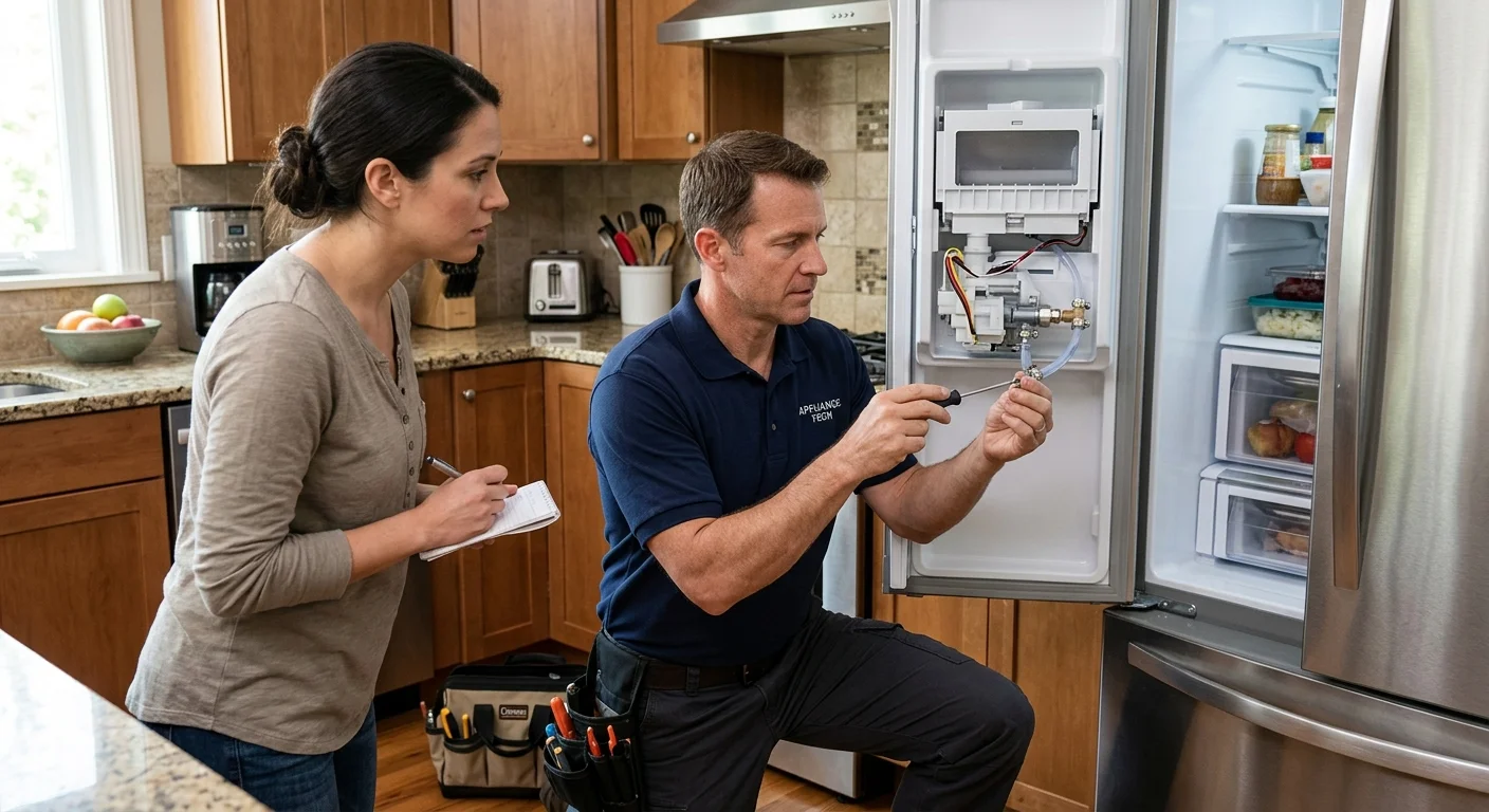A homeowner and independent appliance technician evaluating a refrigerator-mounted ice maker