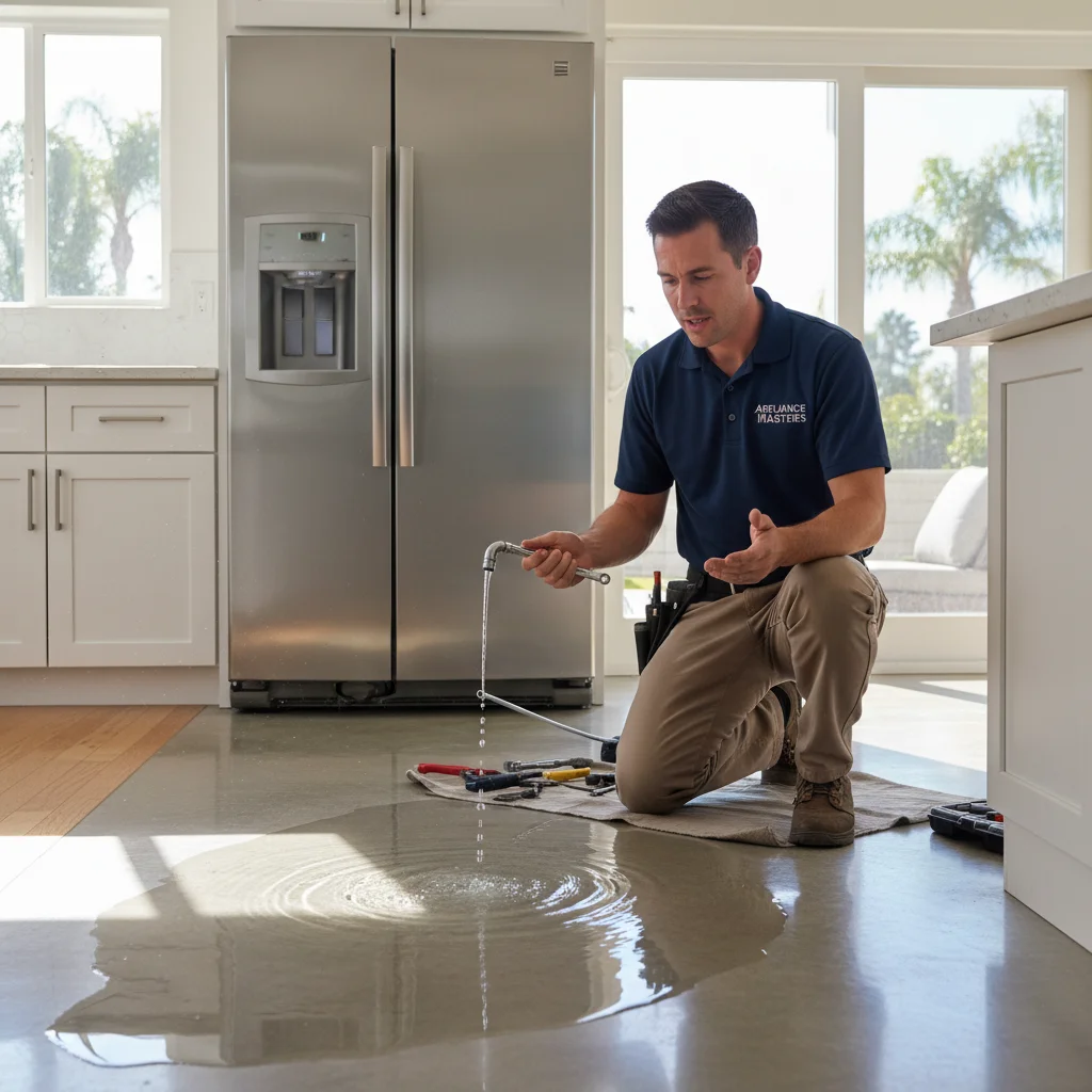 A puddle of water on the floor in front of a modern refrigerator in a San Diego kitchen.