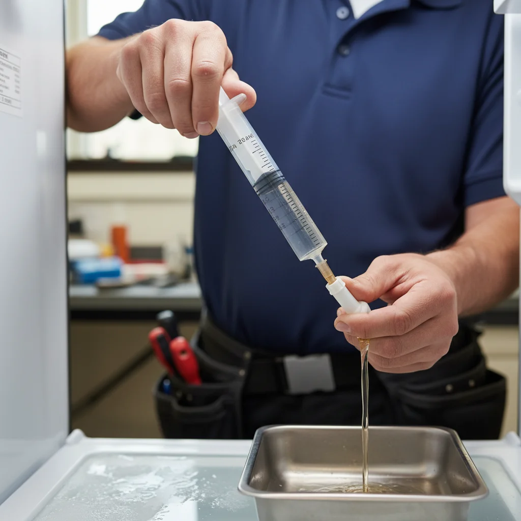 A close-up shot of hands using a syringe with warm water to clear a clogged refrigerator defrost drain tube.
