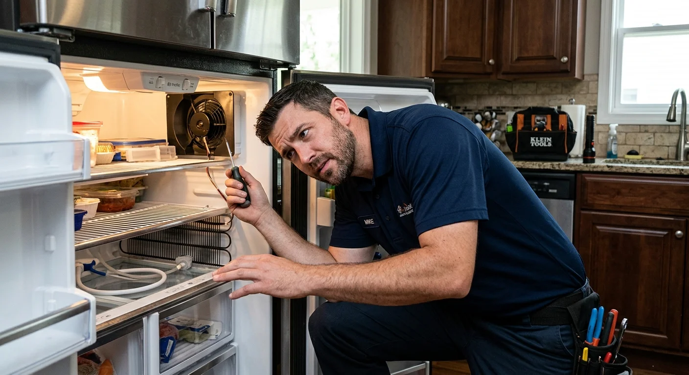 A person leaning in close to their refrigerator, with a puzzled expression, trying to locate the source of a noise.
