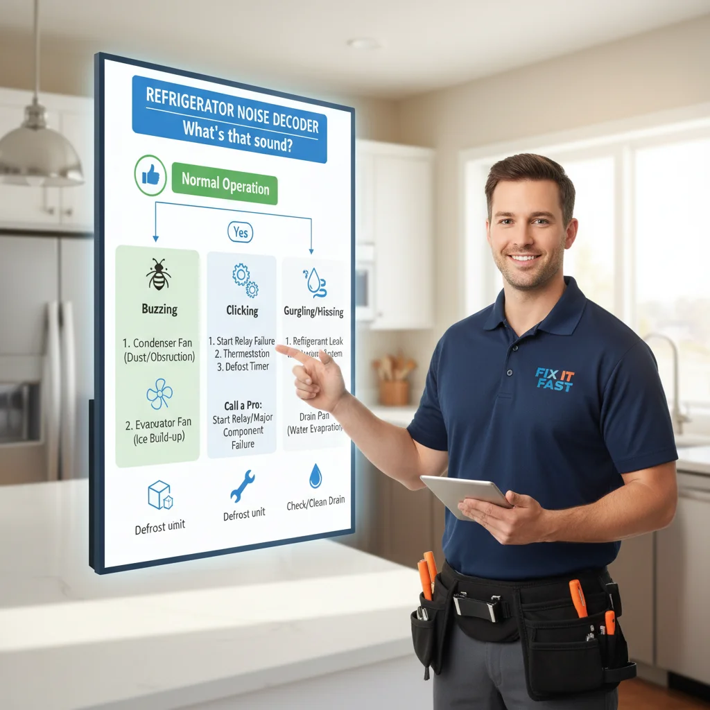 An infographic detailing common refrigerator noises, their likely causes, and whether they need professional repair or DIY fix.