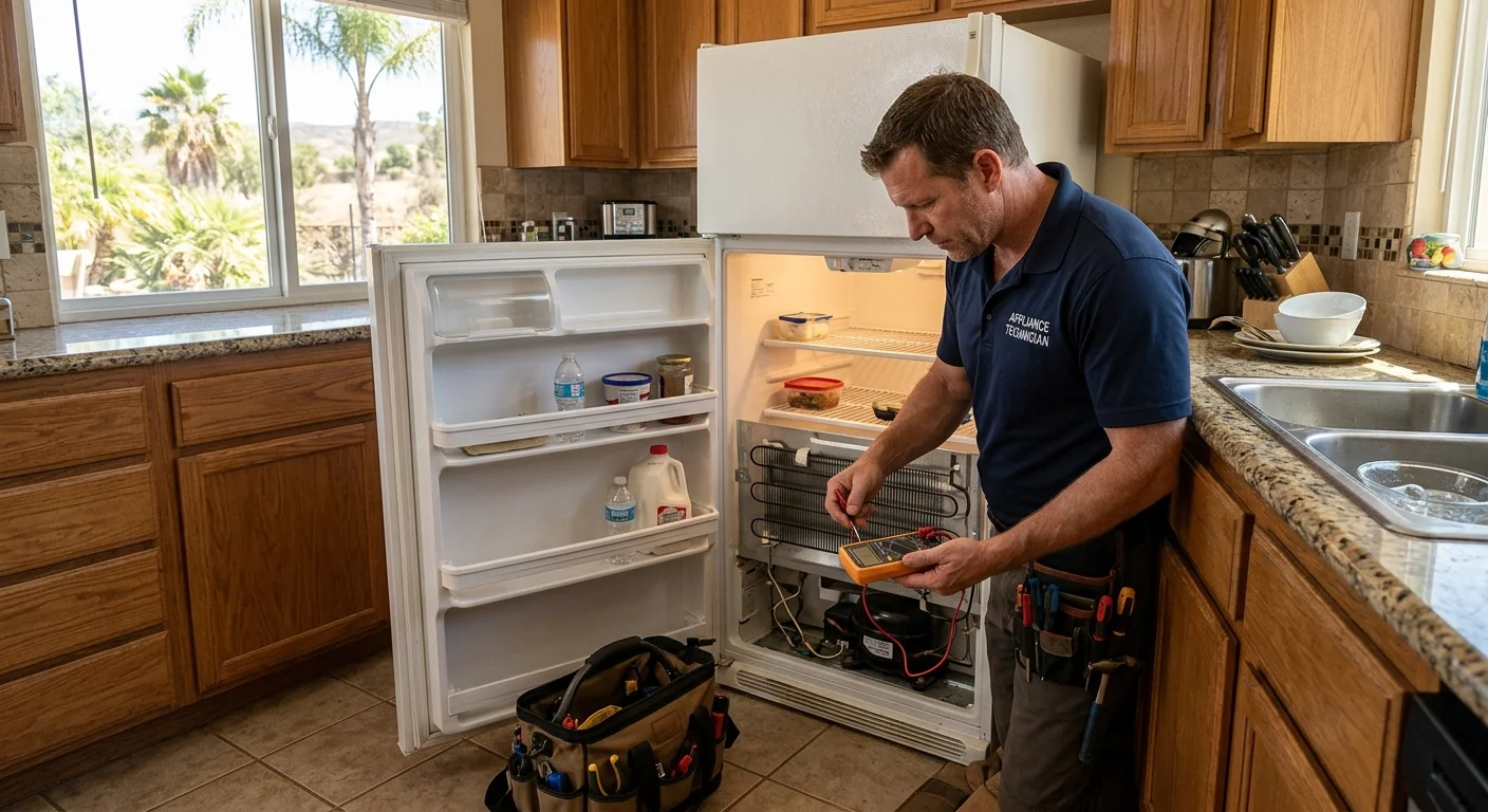 Independent technician checking a refrigerator in an Escondido kitchen