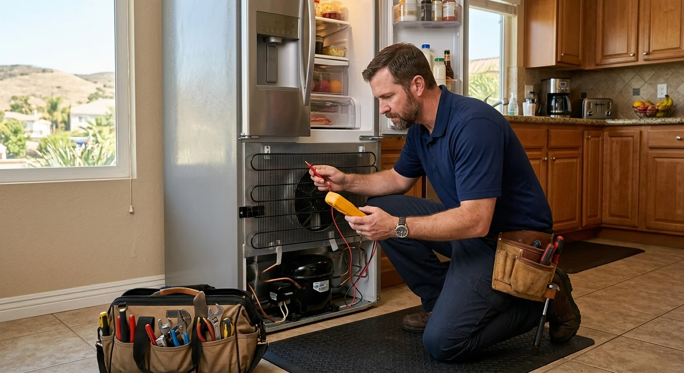 Independent technician checking a warm refrigerator in a Vista kitchen