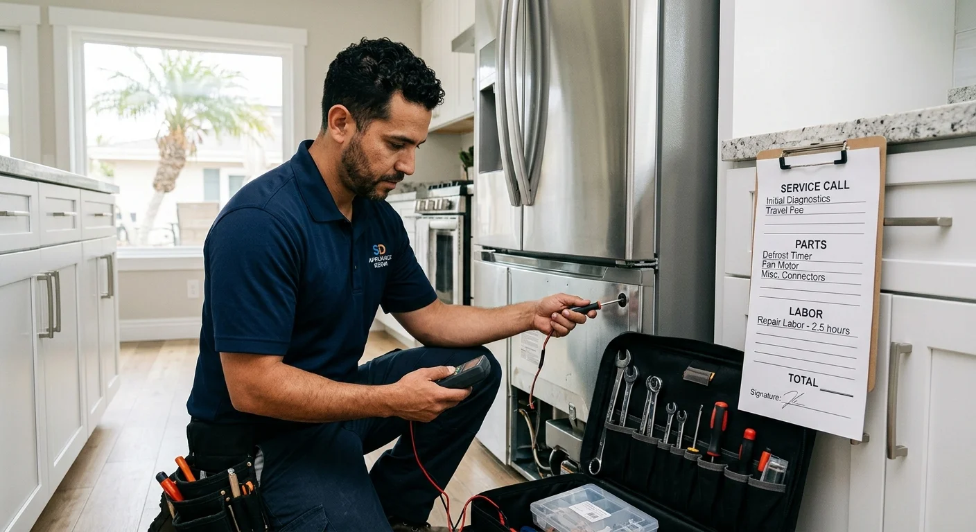 A clean graphic showing an itemized receipt for a refrigerator repair, with sections for service call, parts, and labor, against a backdrop of a San Diego kitchen.
