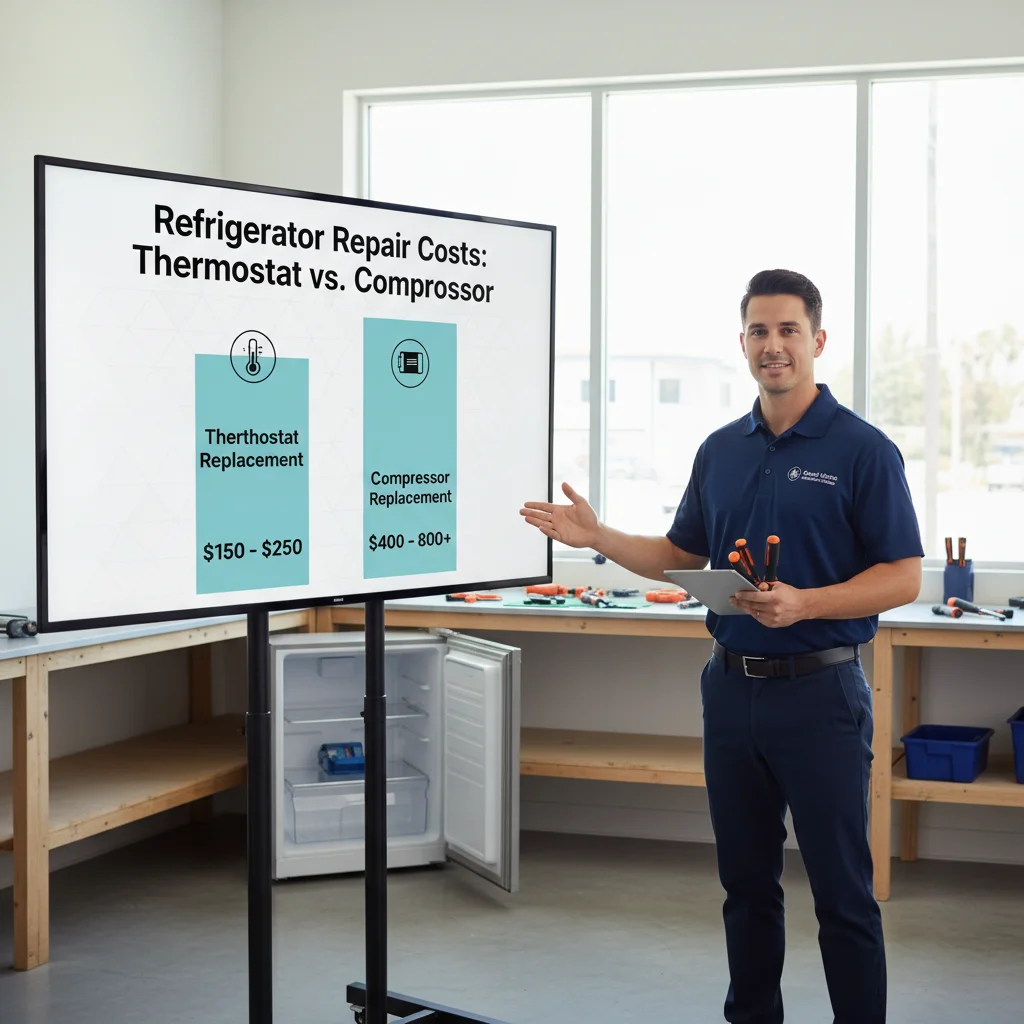 Infographic comparing typical repair costs for a refrigerator thermostat versus a refrigerator compressor in San Diego.