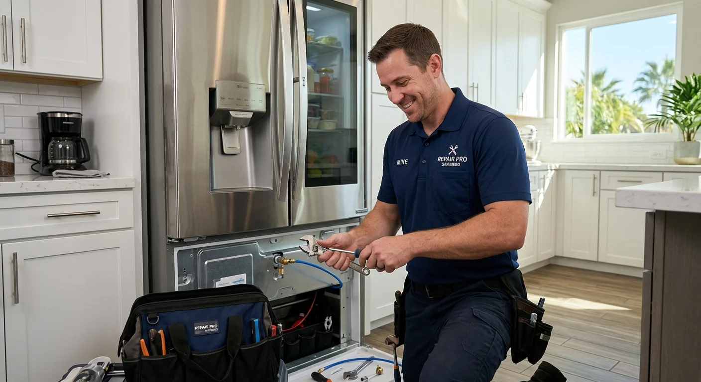 A friendly, professional appliance repair technician in a Repair Pro San Diego uniform, smiling as they work on a modern stainless steel refrigerator in a clean San Diego kitchen.