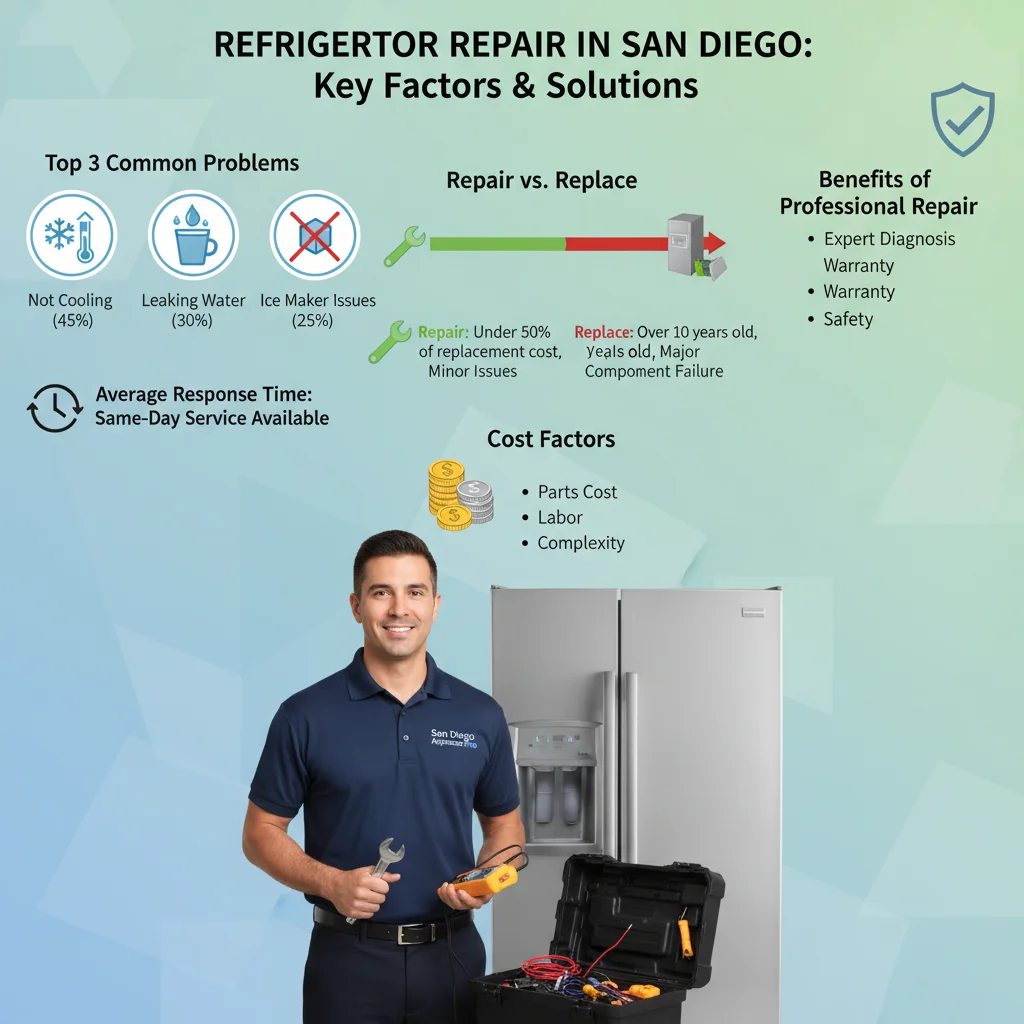 Infographic detailing common refrigerator problems in San Diego, average repair times, and typical cost factors.