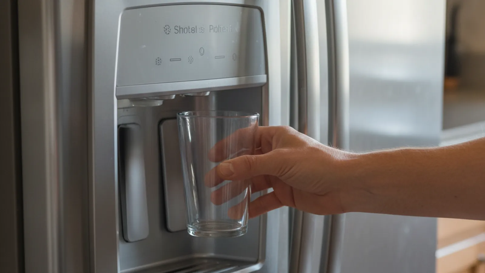 A hand pressing a glass against a refrigerator water dispenser that won't dispense, in a San Diego kitchen.