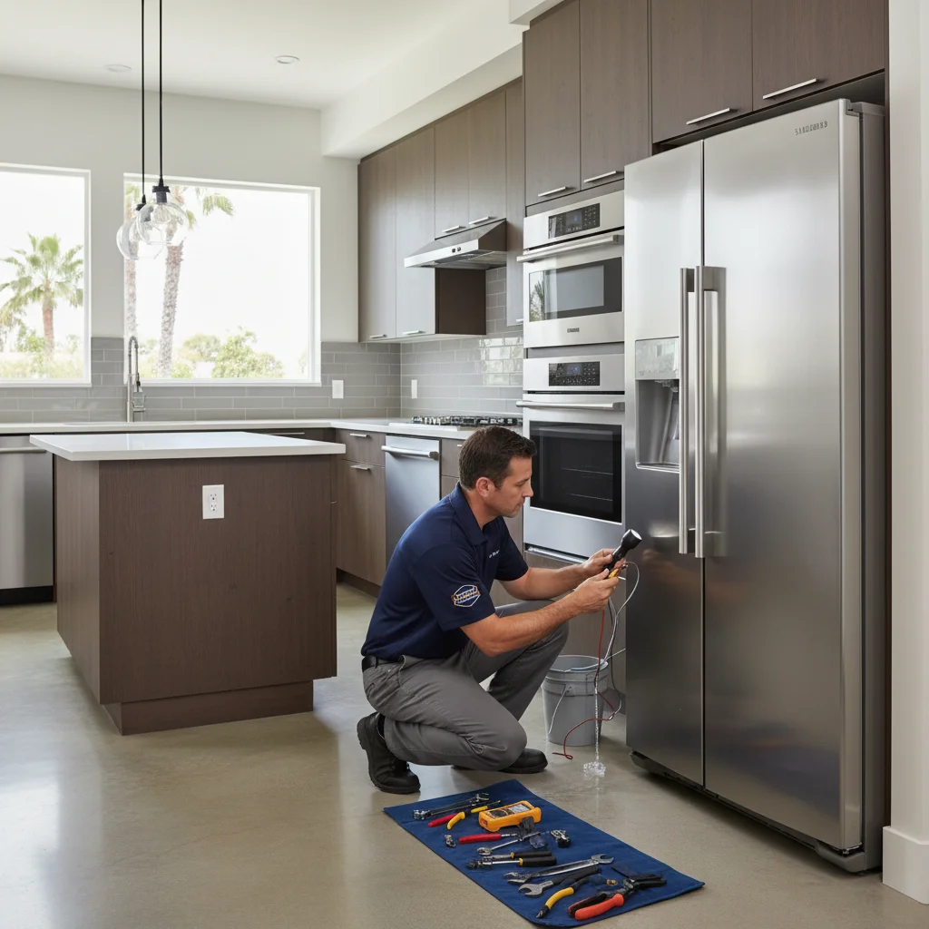 A technician from Repair Pro San Diego working on a stainless steel Samsung refrigerator in a modern San Diego kitchen.