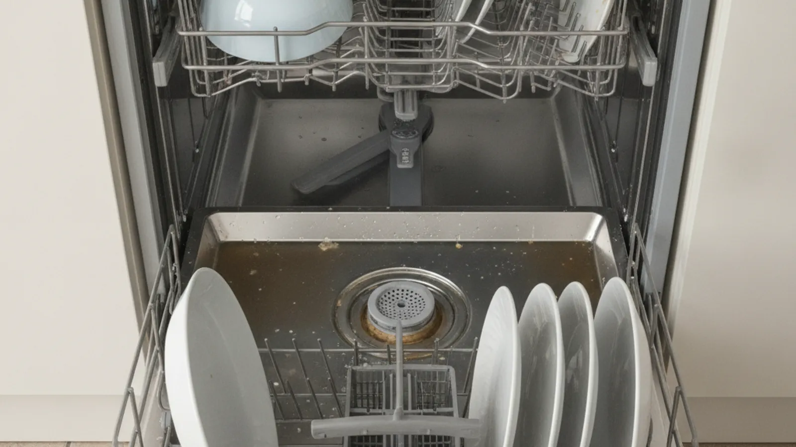 An open Samsung dishwasher with standing water around the sump in a San Diego kitchen.