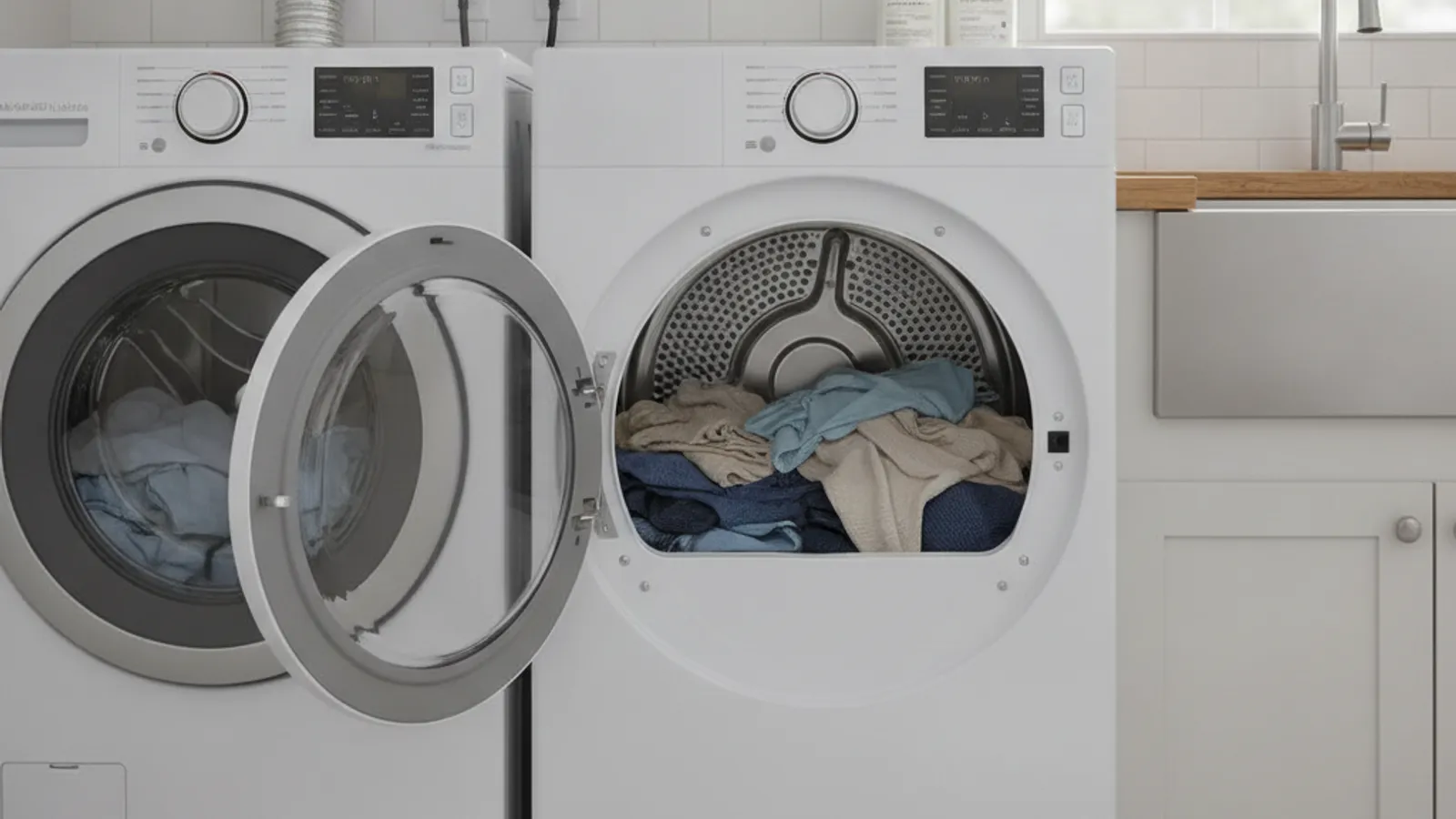 A Samsung front-load dryer with the door open in a San Diego laundry room, clothes still damp inside.