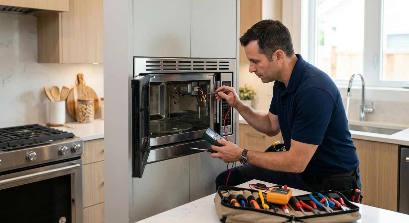 Independent technician examining a built-in kitchen microwave