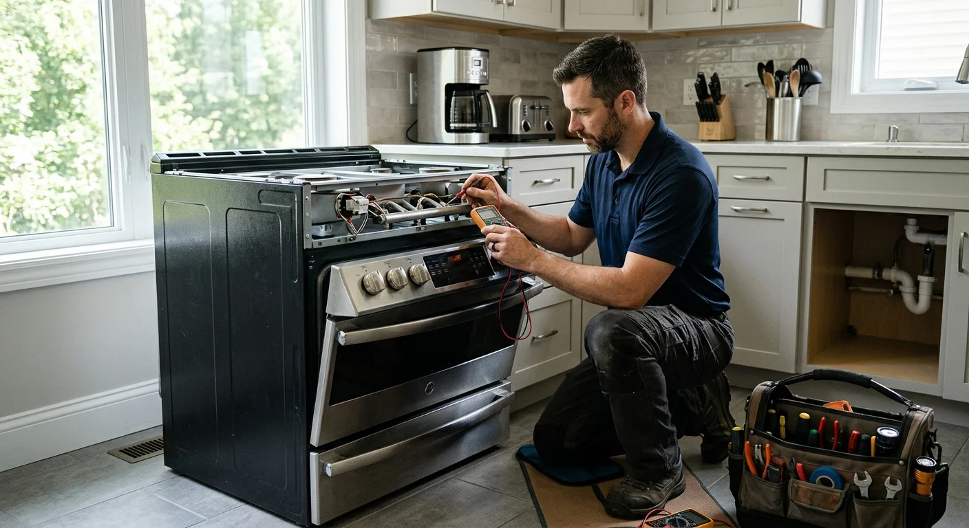 An independent technician examining a range that is not heating