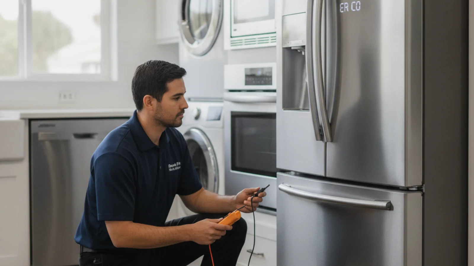 A photorealistic close-up of an appliance repair technician diagnosing a Samsung French-door refrigerator with an error code showing on the front panel display, clean modern kitchen, natural light.