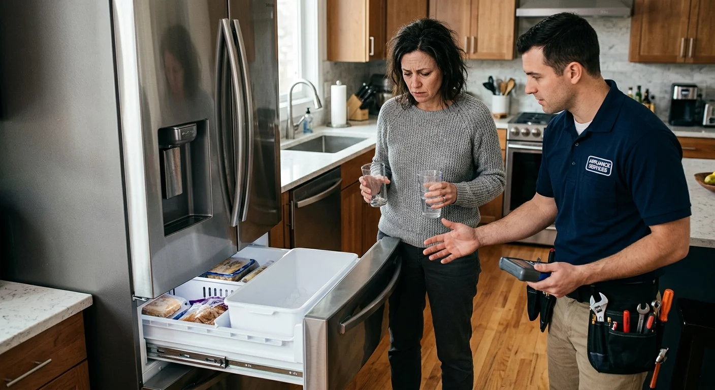A frustrated homeowner looking at the empty ice bucket of their Samsung french door refrigerator.