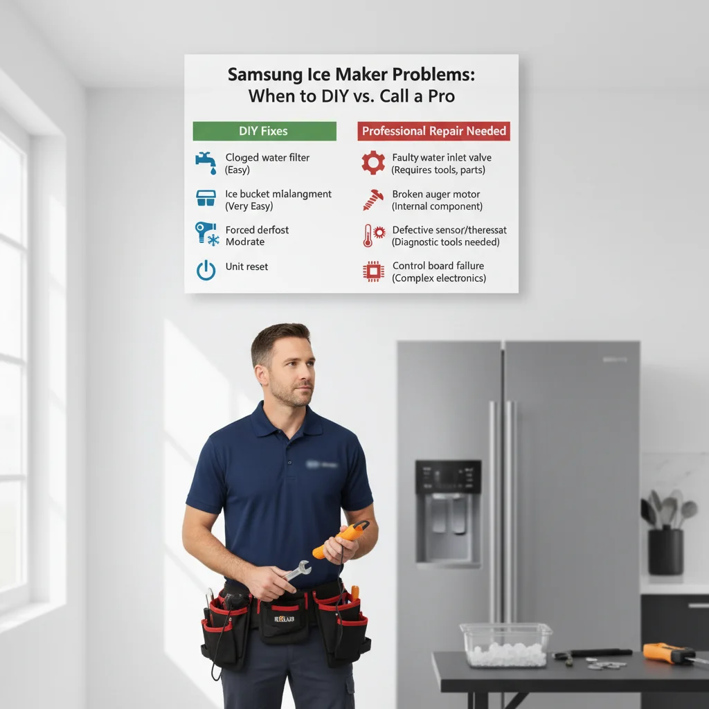 Infographic detailing common Samsung refrigerator ice maker failure points and repair difficulty.