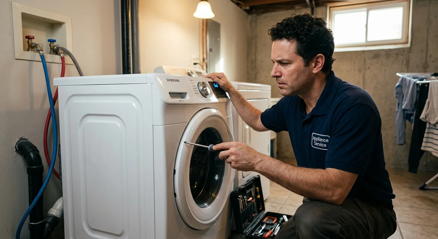 A homeowner looking frustrated at a Samsung front-load washing machine with a flashing error code on the display.