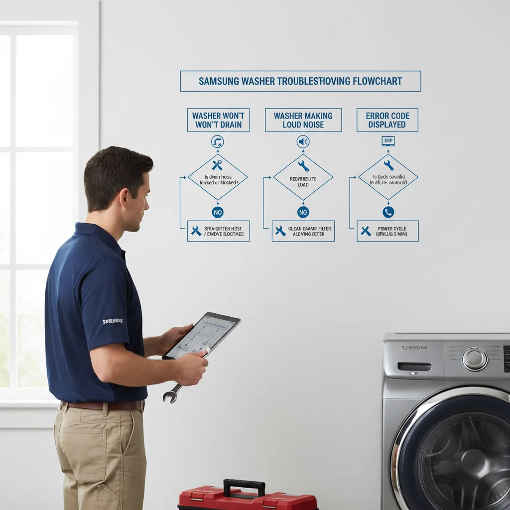 Infographic showing a step-by-step troubleshooting flowchart for common Samsung washer problems like no drain, loud noise, and error codes.