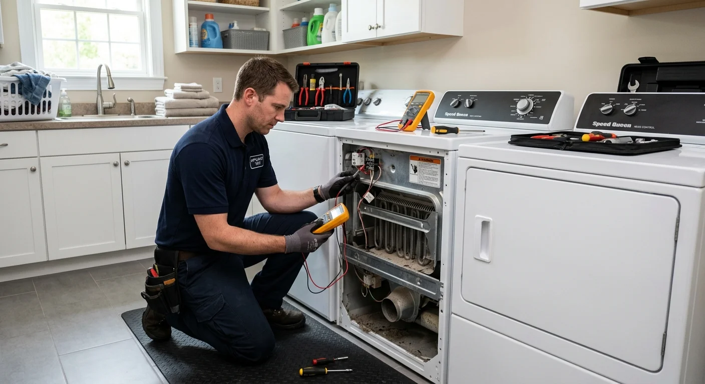Independent technician inspecting a Speed Queen dryer with a no-heat problem